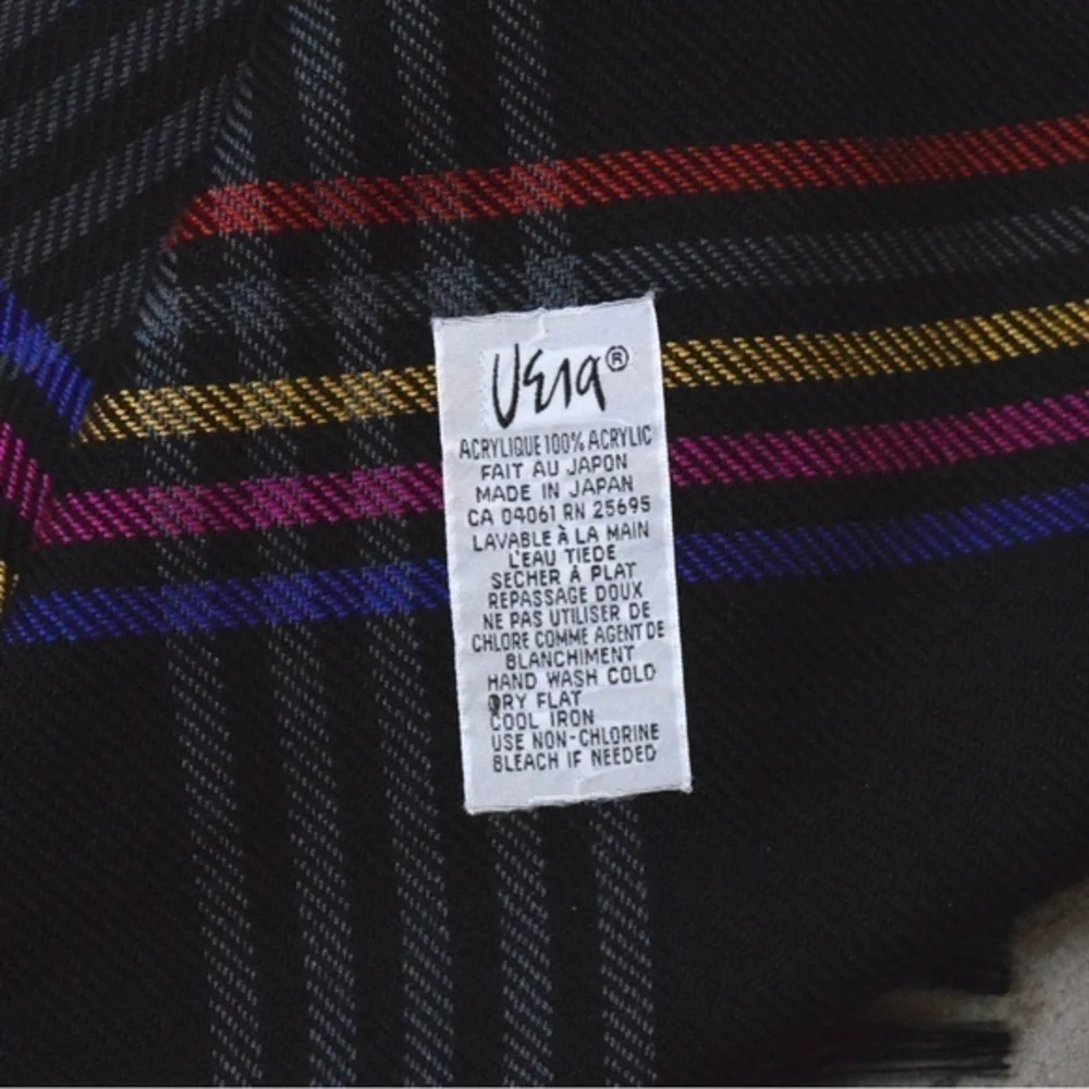Vintage Vera‎ Neumann Large Square Acrylic Fringe Black Plaid Scarf